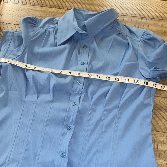 NWT Peplum Stretch Blouse with Puff Sleeves in Fantasy Blue by Apt 9 Petite - Picture 9 of 17